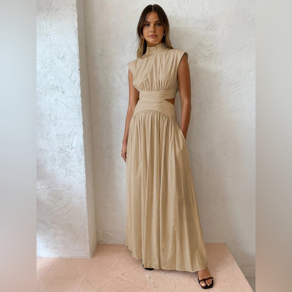 NWT Commense Mock Neck Camel backless dress